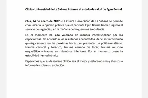 Qué dice el parte médico sobre lesiones de Egan Bernal