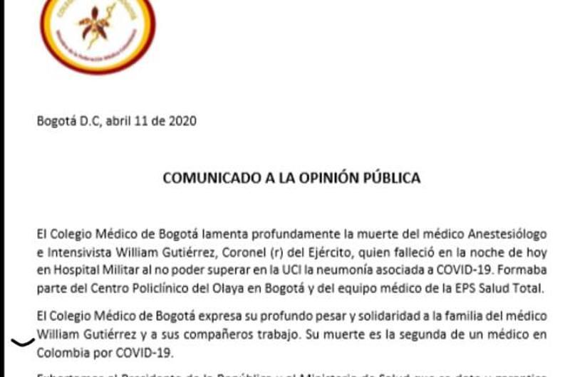 Muere segundo médico en Colombia por contagio con el coronavirus