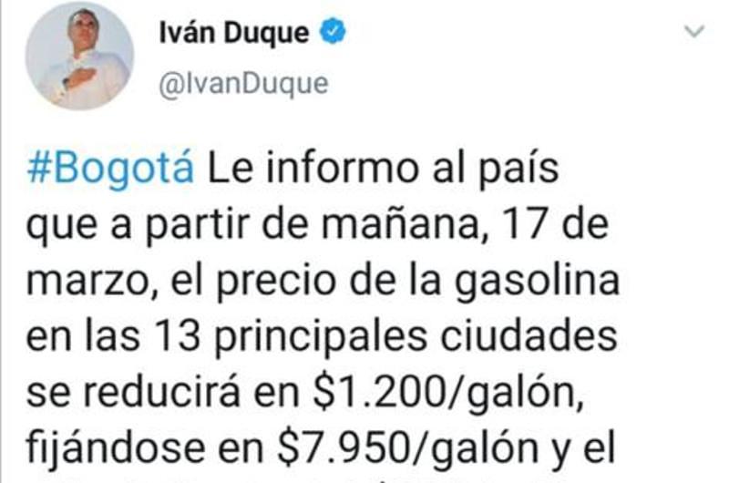 $1.200 rebaja en precios de la gasolina