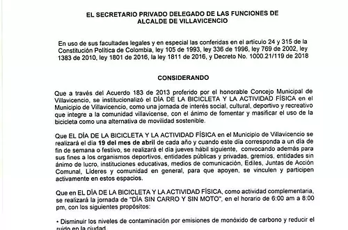Decreto para el día de la bicicleta en Villavicencio 