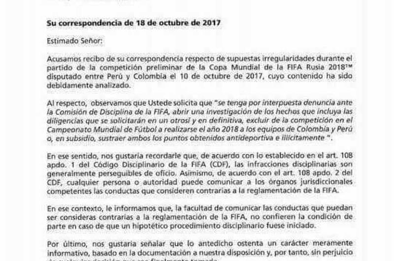 Esta fue la respuesta de la FIFA ante la demanda del partido Perú-Colombia