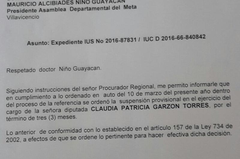 Procuraduría suspende por 90 días a diputada del Meta