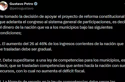 Petro apoya la reforma del Sistema de Participaciones