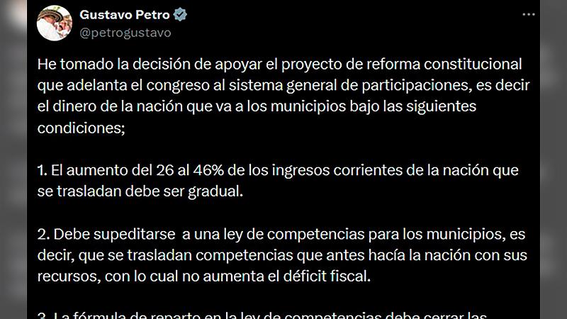 Petro apoya la reforma del Sistema de Participaciones