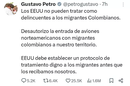 Petro bloquea vuelos con deportados colombianos desde EE. UU