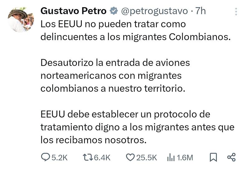 Petro bloquea vuelos con deportados colombianos desde EE. UU