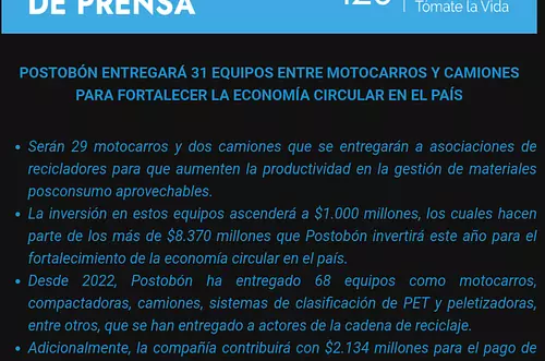 Postobón entregará 31 equipos entre Motocarros y Camiones