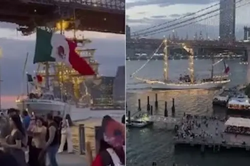 Grave choque de buque mexicano contra el puente de Brooklyn