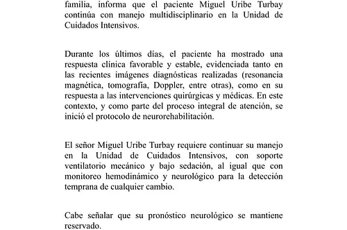 Fundación Santa Fe reporta avance clínico de Miguel Uribe
