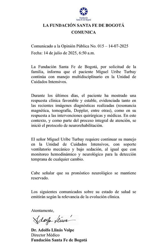 Fundación Santa Fe reporta avance clínico de Miguel Uribe