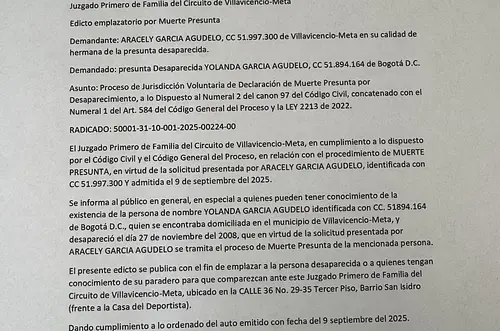 Juzgado de Familia de Villavicencio emplaza en proceso de muerte presunta