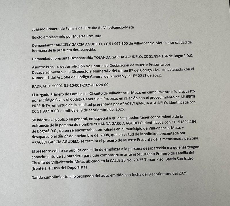 Juzgado de Familia de Villavicencio emplaza en proceso de muerte presunta