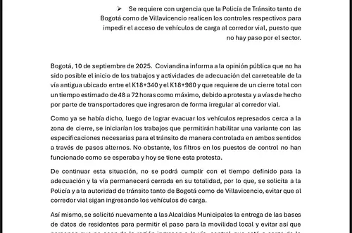 Coviandina reporta retrasos en obras del k18 de la vía al Llano