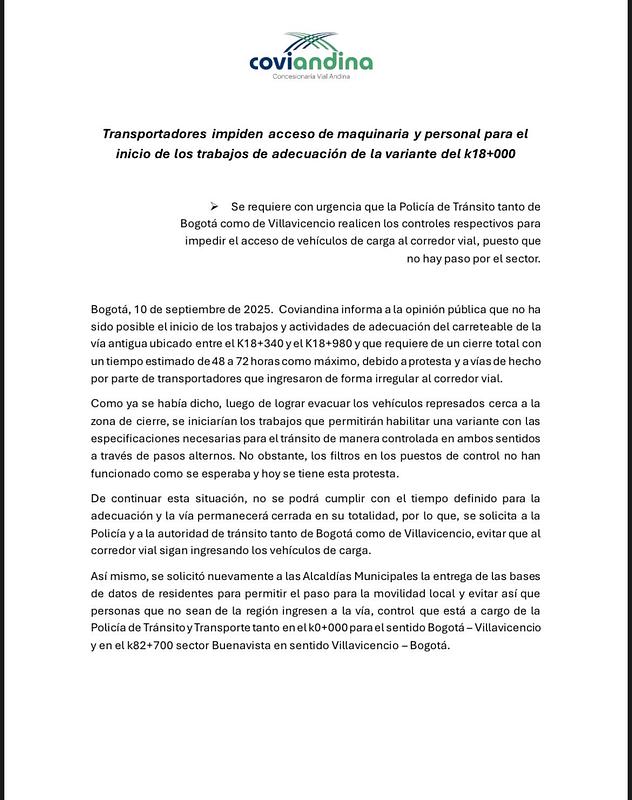 Coviandina reporta retrasos en obras del k18 de la vía al Llano