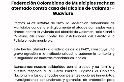 Federación de Municipios rechaza atentado en Calamar