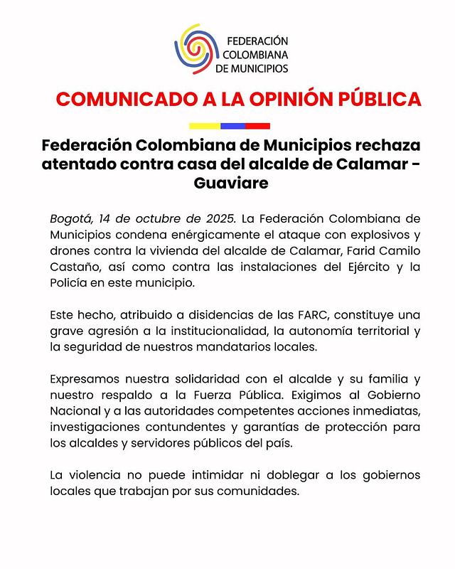 Federación de Municipios rechaza atentado en Calamar