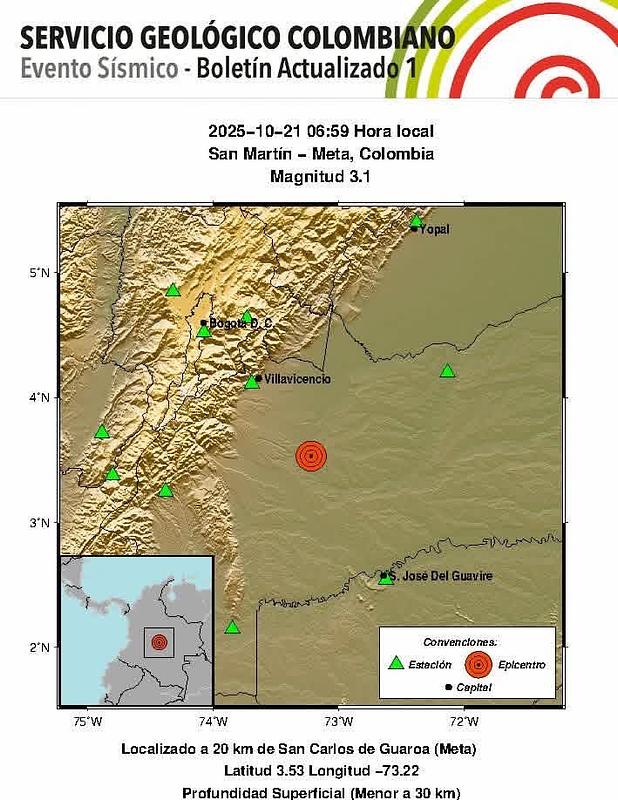 Sismo de magnitud 3.1 se registró en San Martín, Meta