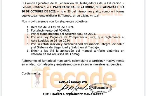 Fecode confirma paro nacional docente para el 30 de octubre