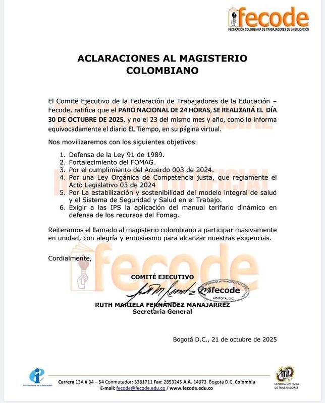 Fecode confirma paro nacional docente para el 30 de octubre