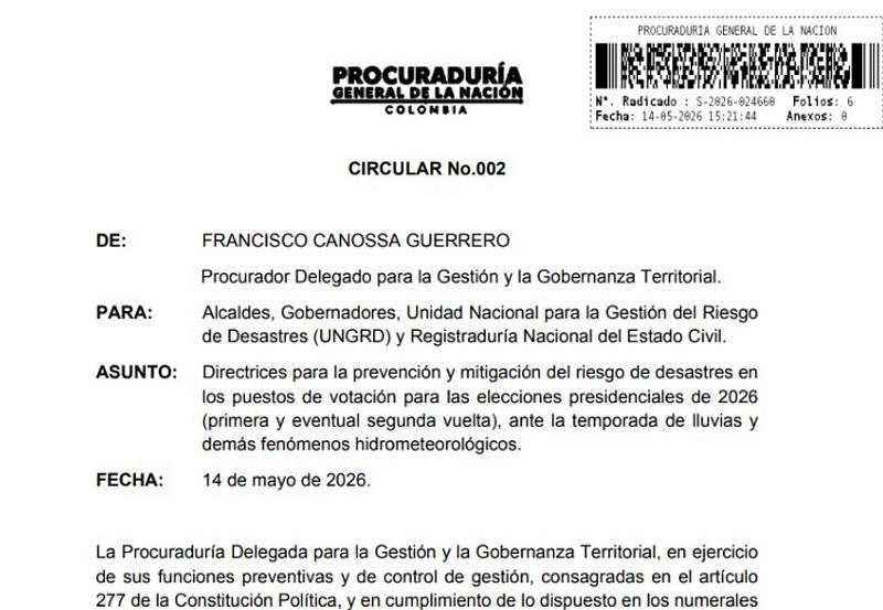 Procuraduría pide reforzar gestión de riesgo en 2026